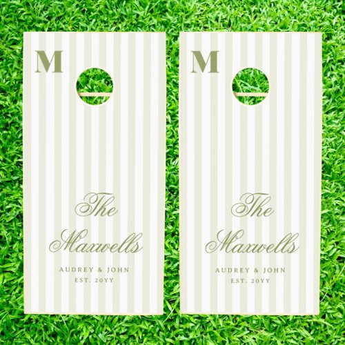 Monogram  Retro Green White Stripes Script Wedding Cornhole Set