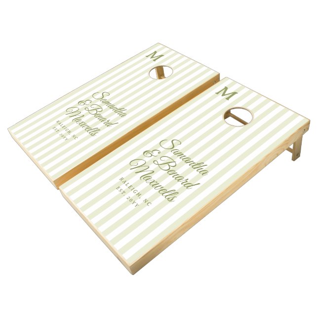 Monogram  Retro Green White Stripes Script Wedding Cornhole Set (Angled)