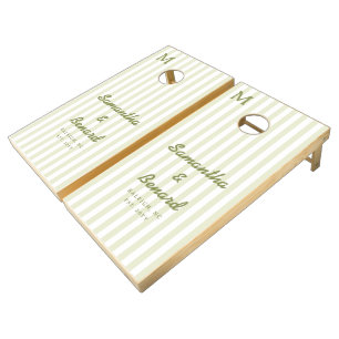 Monogram Retro Green White Stripes Script Wedding Cornhole Set