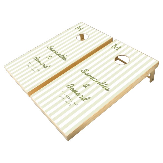 Monogram  Retro Green White Stripes Script Wedding Cornhole Set (Angled)