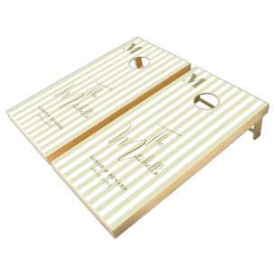 Monogram Retro Green White Stripes Script Wedding Cornhole Set