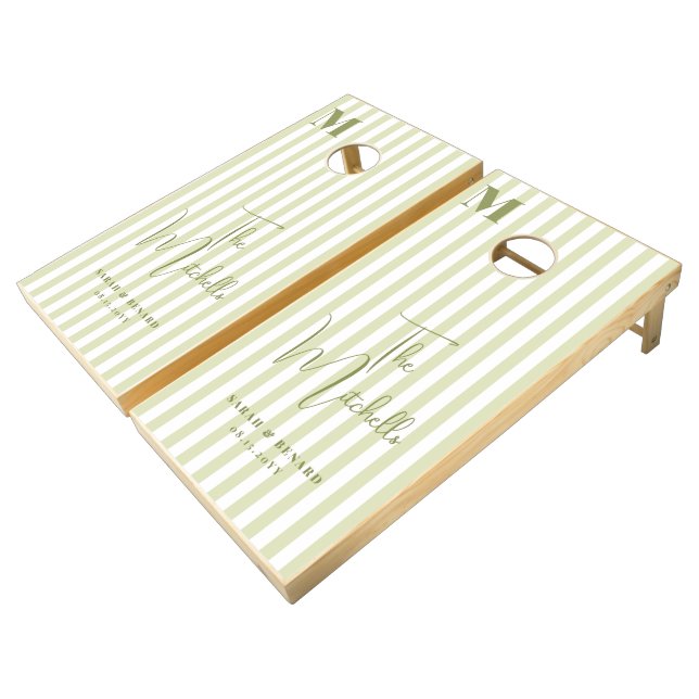 Monogram  Retro Green White Stripes Script Wedding Cornhole Set (Angled)