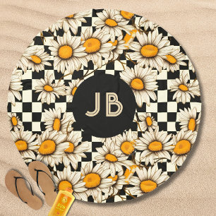 Monogram Retro Groovy Daisy Checkerboard Beach Towel