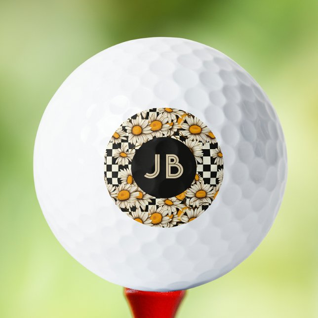 Monogram Retro Groovy Daisy Checkerboard Golf Balls (Creator Uploaded)