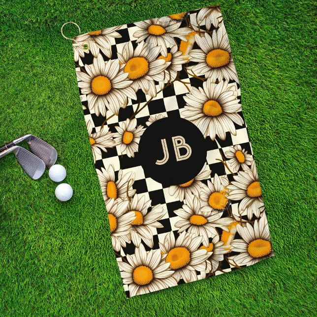 Monogram Retro Groovy Daisy Checkerboard Golf Towel (Creator Uploaded)