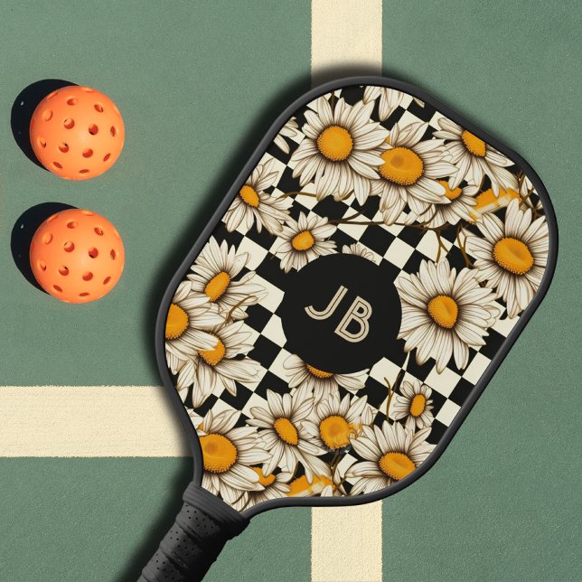 Monogram Retro Groovy Daisy Checkerboard Pickleball Paddle (Creator Uploaded)