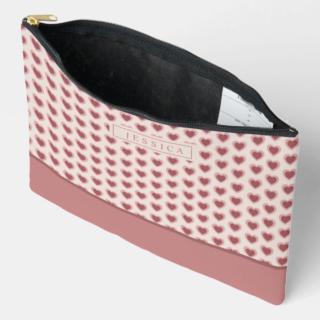 Monogram Retro Hearts Pink Burgundy Accessory Pouch (Open)