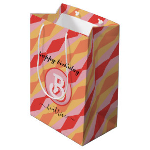 Monogram Retro Hippie 70s Pink Geometric Pastel Medium Gift Bag