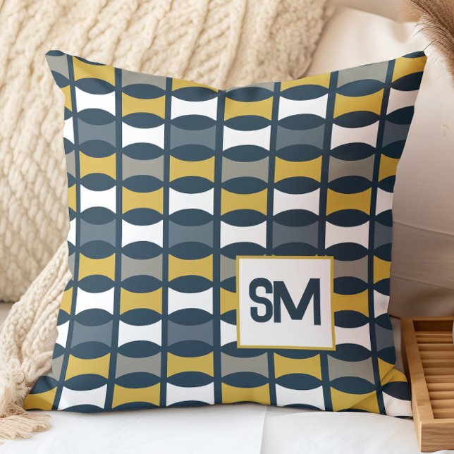 Monogram Retro Mid Century Geometric Navy, Mustard Throw Pillow (Creator Uploaded)
