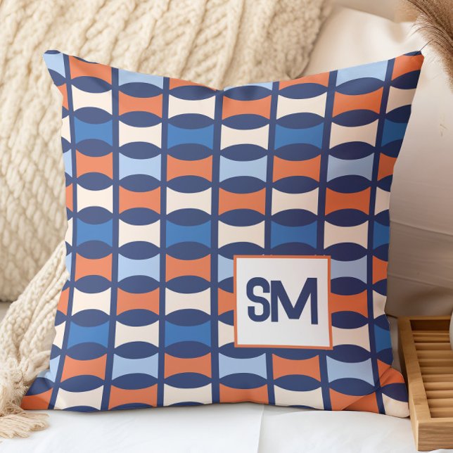 Monogram Retro Mid Century Geometric Pattern Throw Pillow (Creator Uploaded)