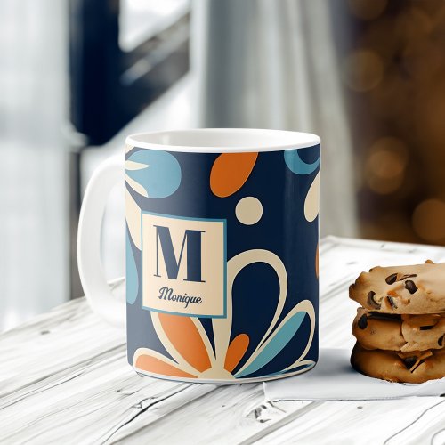 Monogram retro midcentury teal daisy gifts coffee mug