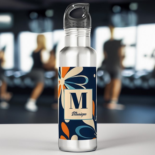 Monogram retro midcentury teal daisy gifts stainless steel water bottle (Monogram retro midcentury teal daisy bridesmaid gifts personalized water bottle bridal party favors)