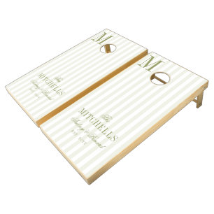 Monogram Retro Olive Green Stripes Script Wedding Cornhole Set