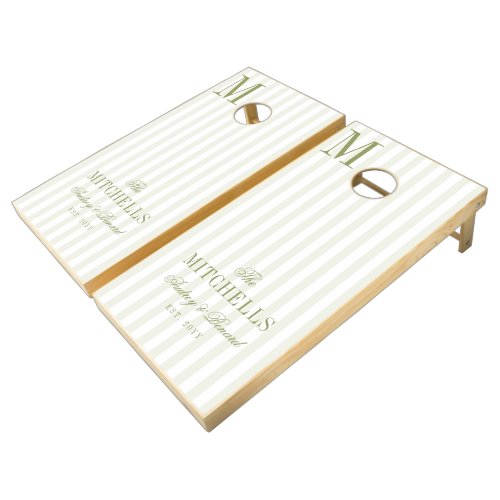 Monogram Retro Olive Green Stripes Script Wedding Cornhole Set