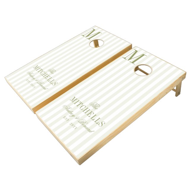 Monogram  Retro Olive Green Stripes Script Wedding Cornhole Set (Angled)