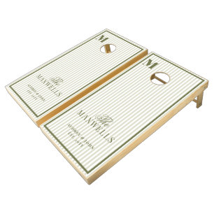 Monogram Retro Olive Green Stripes Script Wedding Cornhole Set
