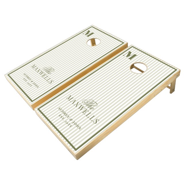 Monogram  Retro Olive Green Stripes Script Wedding Cornhole Set (Angled)