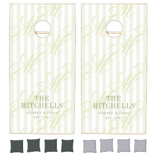 Monogram Retro Olive Green Stripes Script Wedding Cornhole Set