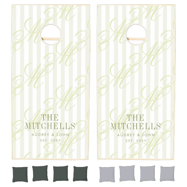 Monogram  Retro Olive Green Stripes Script Wedding Cornhole Set (Set)