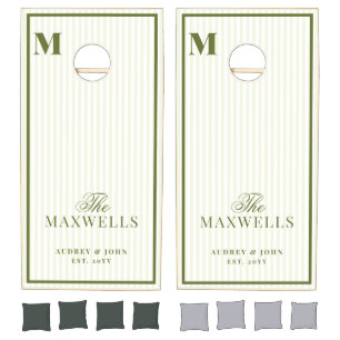 Monogram Retro Olive Green Stripes Script Wedding Cornhole Set