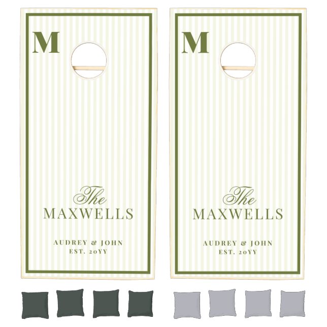 Monogram  Retro Olive Green Stripes Script Wedding Cornhole Set (Set)