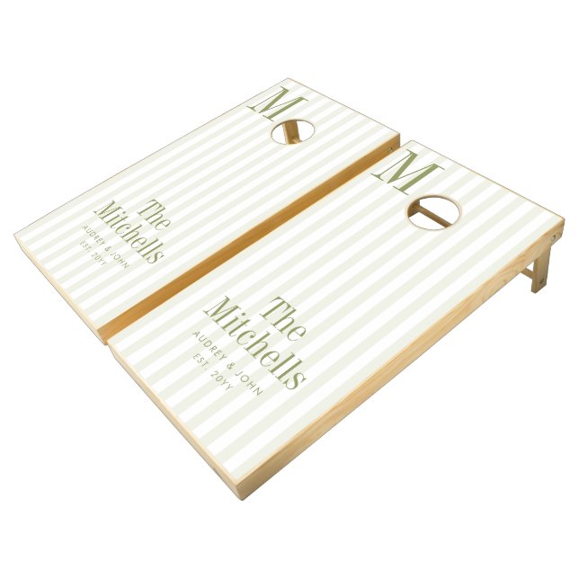 Monogram  Retro Olive Green Stripes Script Wedding Cornhole Set (Angled)