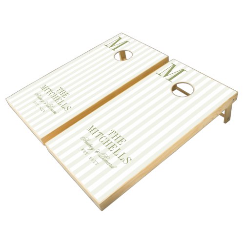 Monogram  Retro Olive Green Stripes Script Wedding Cornhole Set