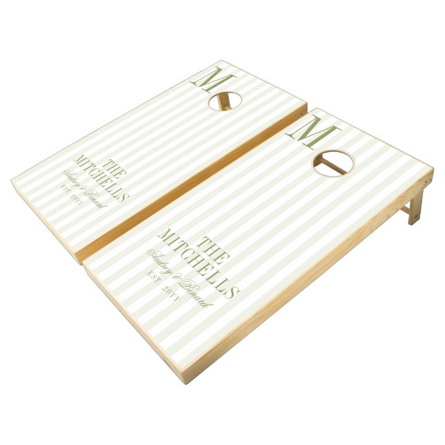 Monogram  Retro Olive Green Stripes Script Wedding Cornhole Set (Angled)