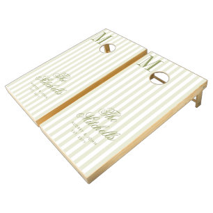Monogram Retro Olive Green Stripes Script Wedding Cornhole Set