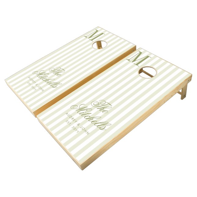 Monogram  Retro Olive Green Stripes Script Wedding Cornhole Set (Angled)