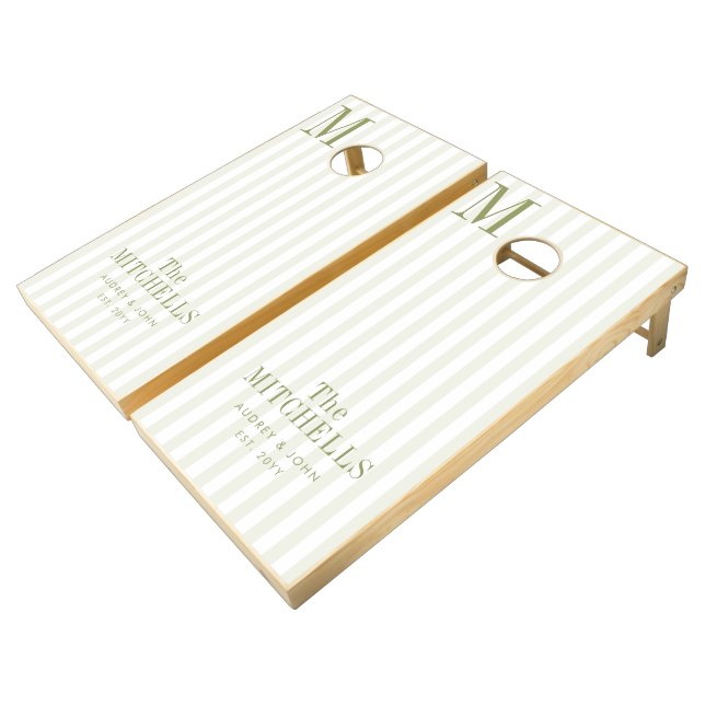 Monogram  Retro Olive Green Stripes Script Wedding Cornhole Set (Angled)
