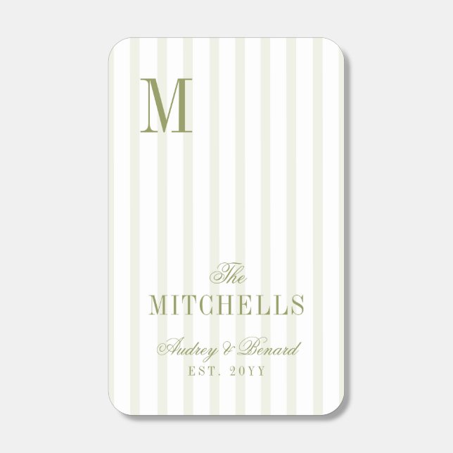 Monogram  Retro Olive Green Stripes Script Wedding Matchboxes (Front)