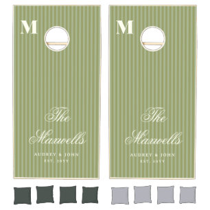Monogram Retro Olive Sage Green Stripes Wedding Cornhole Set