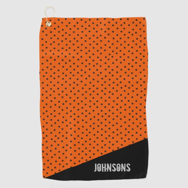 Monogram Retro Orange And Black Polka Dots  Golf Towel (Front)