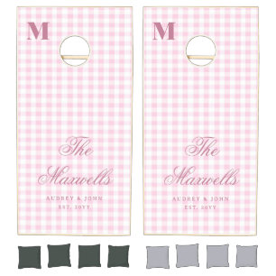 Monogram Retro Pink Gingham Script Wedding Cornhole Set