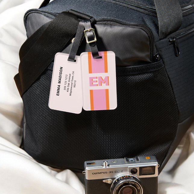 Monogram Retro Pink Orange Luggage Tag (Creator Uploaded)