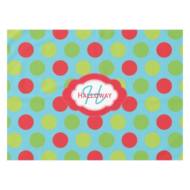 Monogram Retro Polka Dots Christmas Tablecloth (Front (Horizontal))
