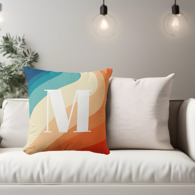 Monogram Retro Rainbow Blue Orange Throw Pillow (Creator Uploaded)