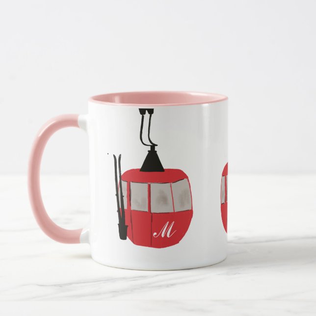 Monogram Retro Red Ski Gondola Lift Personalized Mug (Left)