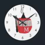 Monogram Retro Red Ski Gondola Lift Personalized Round Clock<br><div class="desc">Minimalist red gondola lift design for skiers and skiing enthusiasts. Red ski gondola is perfect personalized festive Christmas holiday gift for him or her. Xmas ski skiing skier gifts.</div>