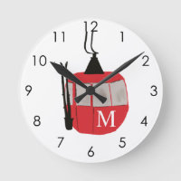 Monogram Retro Red Ski Gondola Lift Personalized Round Clock