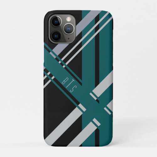 Monogram Retro Stripes Black Gray Green Teal iPhone 11 Pro Case