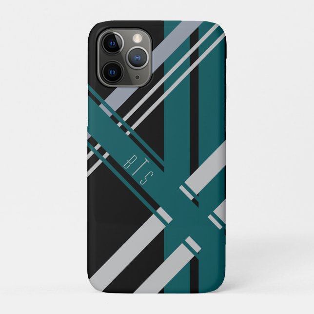 Monogram Retro Stripes Black Gray Green Teal Case-Mate iPhone Case (Back)
