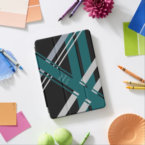 Monogram Retro Stripes Black Gray Green Teal iPad Air Cover