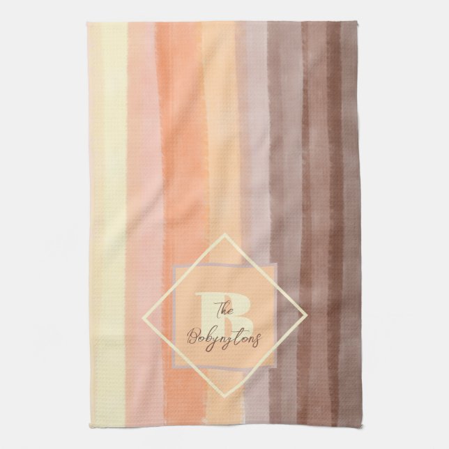 Monogram retro stripes fall yellow orange brown  kitchen towel (Vertical)