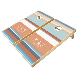 Monogram Retro Stripes Wedding Cornhole Set