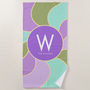 Monogram Retro Sun Waves Purple & Green Beach Towel