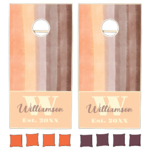 Monogram retro sunset stripes orange brown yellow  cornhole set