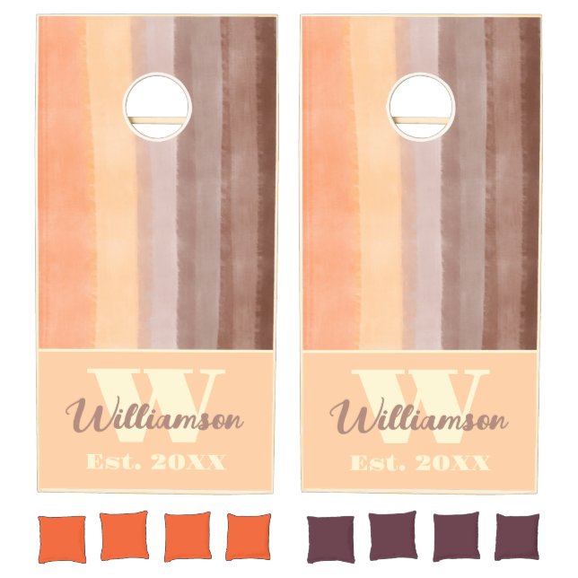 Monogram retro sunset stripes orange brown yellow  cornhole set (Set)
