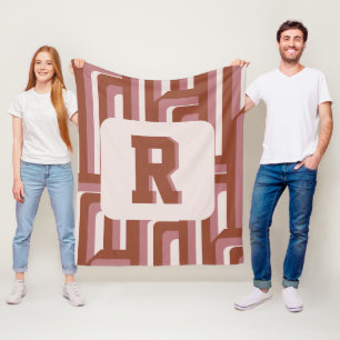 Monogram Retro Terracotta Geometric Pattern Fleece Blanket